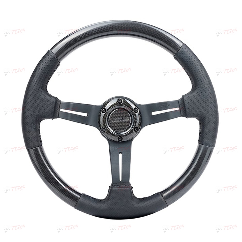 NRG Carbon Fiber Steering Wheel (350mm / 1.5in. Deep) Leather Trim w/Blk Stitch & Slit Cutout Spokes